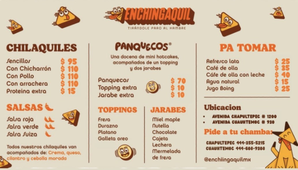 Menú Enchingaquil: chilaquiles, panquecos y bebidas con precios